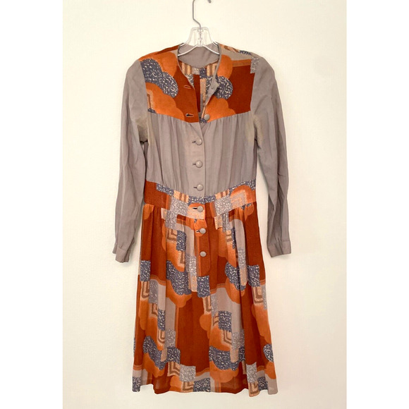 Vintage Handmade Women Midi Dress Large Abstract Print Button Up Artsy Wacky 80s - Picture 1 of 9